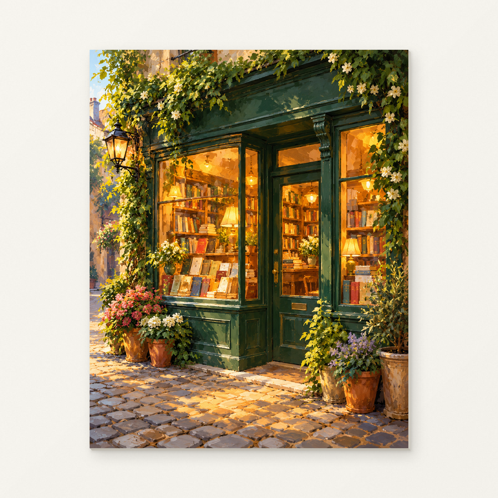The Little Corner Bookshop Paint by Numbers Kit — complete artwork displayed on a canvas against a warm off-white wall.