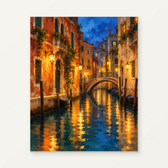 Lanterns along the Venice Canal Paint by Numbers Kit — complete artwork displayed on a canvas against a warm off-white wall.