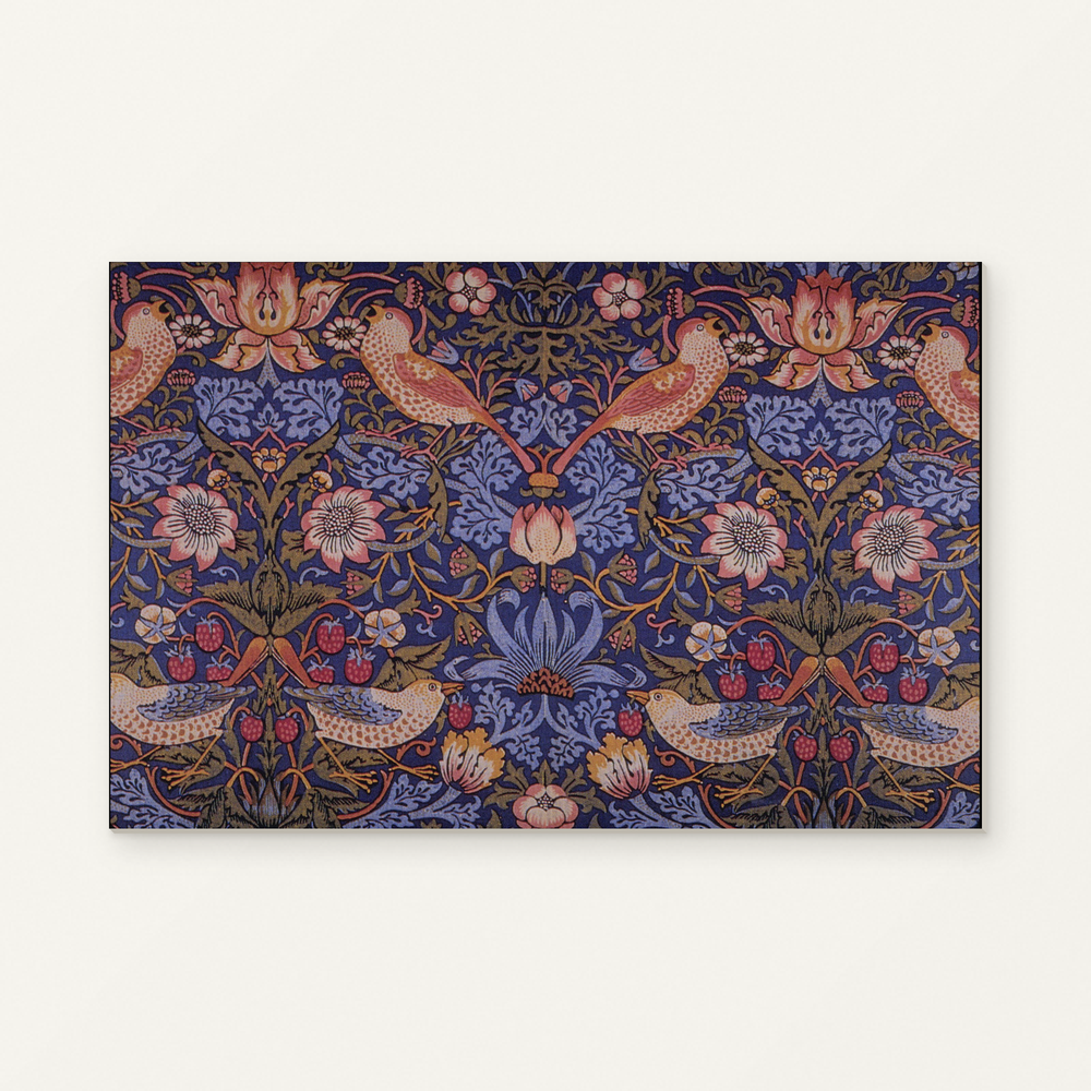 Strawberry Thief — William Morris Paint by Numbers Kit — complete artwork displayed on a canvas against a warm off-white wall.