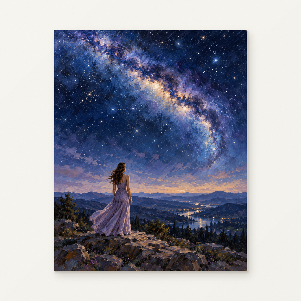Woman Beneath a Starlit Sky Paint by Numbers Kit — complete artwork displayed on a canvas against a warm off-white wall.