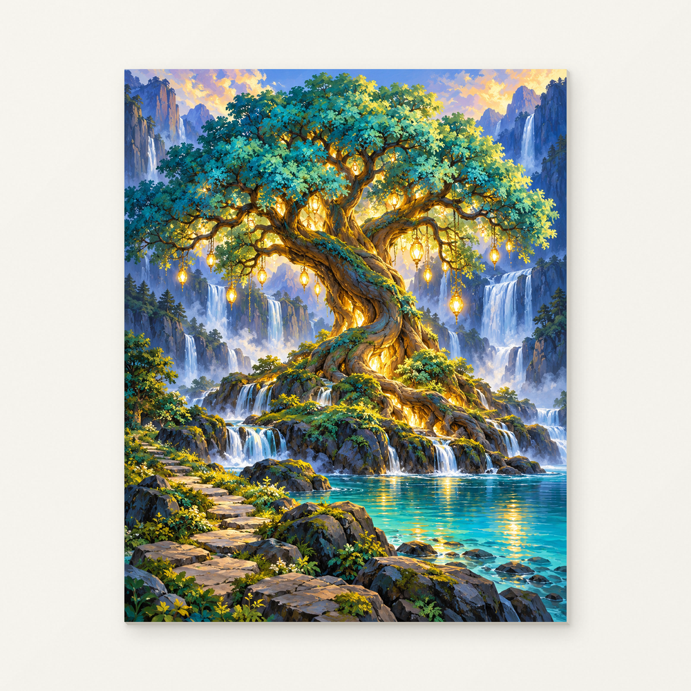 Glowing Tree of Life Paint by Numbers Kit — complete artwork displayed on a canvas against a warm off-white wall.