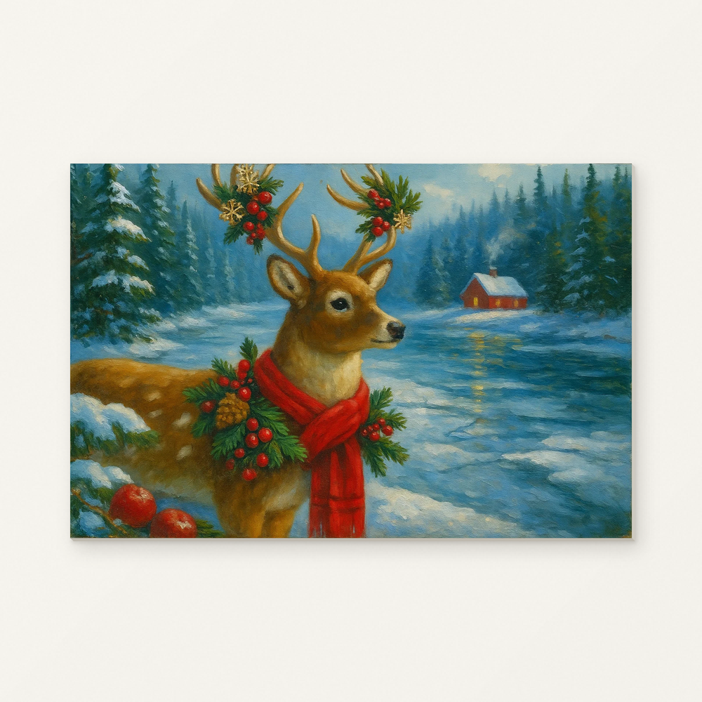 Christmas Deer by a Frozen Lake Paint by Numbers Kit — original artwork displayed as a canvas on a warm off-white wall.