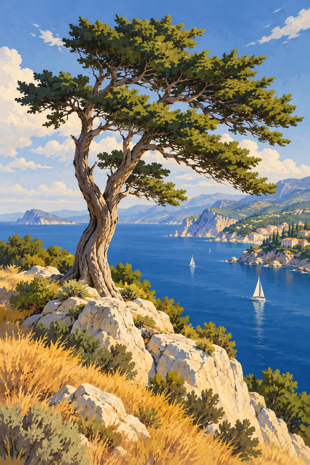A windswept cypress rises from a pale cliff above a cobalt Mediterranean bay and ochre coastal grasses.