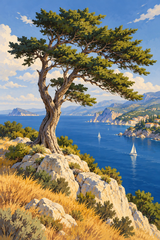 A windswept cypress rises from a pale cliff above a cobalt Mediterranean bay and ochre coastal grasses.
