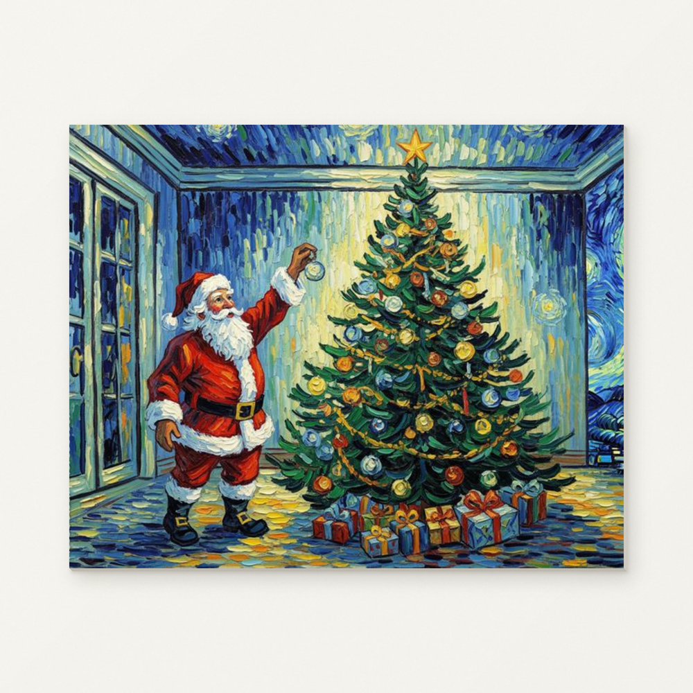 Santa’s Starry Night Paint by Numbers Kit — original artwork displayed as a canvas on a warm off-white wall.