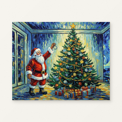 Santa’s Starry Night Paint by Numbers Kit — original artwork displayed as a canvas on a warm off-white wall.
