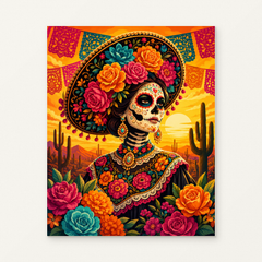 Day of the Dead Portrait with Flowers Paint by Numbers Kit — original artwork displayed as a canvas on a warm off-white wall.