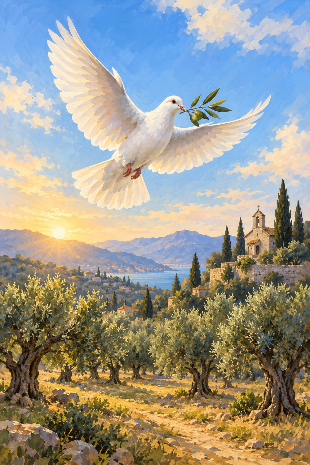 White dove flying above an olive grove and distant chapel