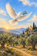 White dove flying above an olive grove and distant chapel