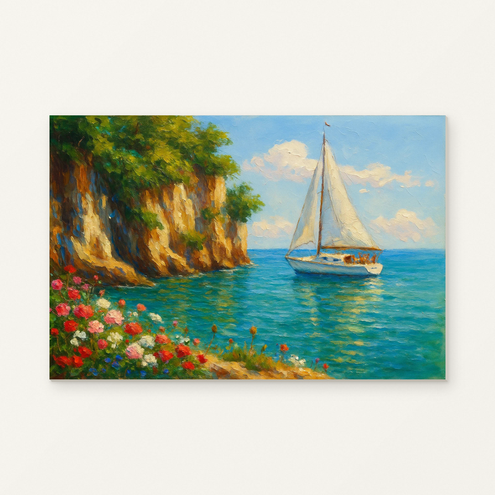 Sailboat and Blossoms on a Calm Sea Paint by Numbers Kit — original artwork displayed as a canvas on a warm off-white wall.