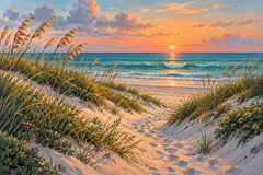 A winding sandy path between low coastal dunes and sea oats opens onto a turquoise Atlantic beach at peach sunrise, unpeopled and spacious.