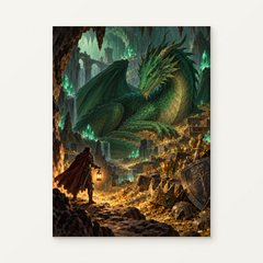 Emerald Dragon Guarding a Treasure Cave Paint by Numbers Kit — original artwork displayed as a canvas on a warm off-white wall.