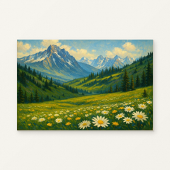 Evergreens in the Highlands Paint by Numbers Kit — original artwork displayed as a canvas on a warm off-white wall.