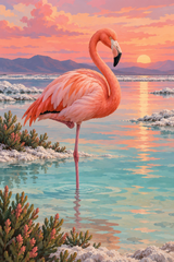A coral-pink flamingo stands in pale turquoise shallows beneath a rose-colored sky.