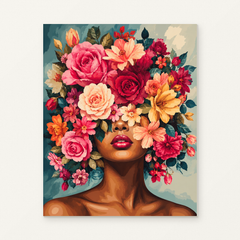 Portrait with Roses and Flowers Paint by Numbers Kit — original artwork displayed as a canvas on a warm off-white wall.
