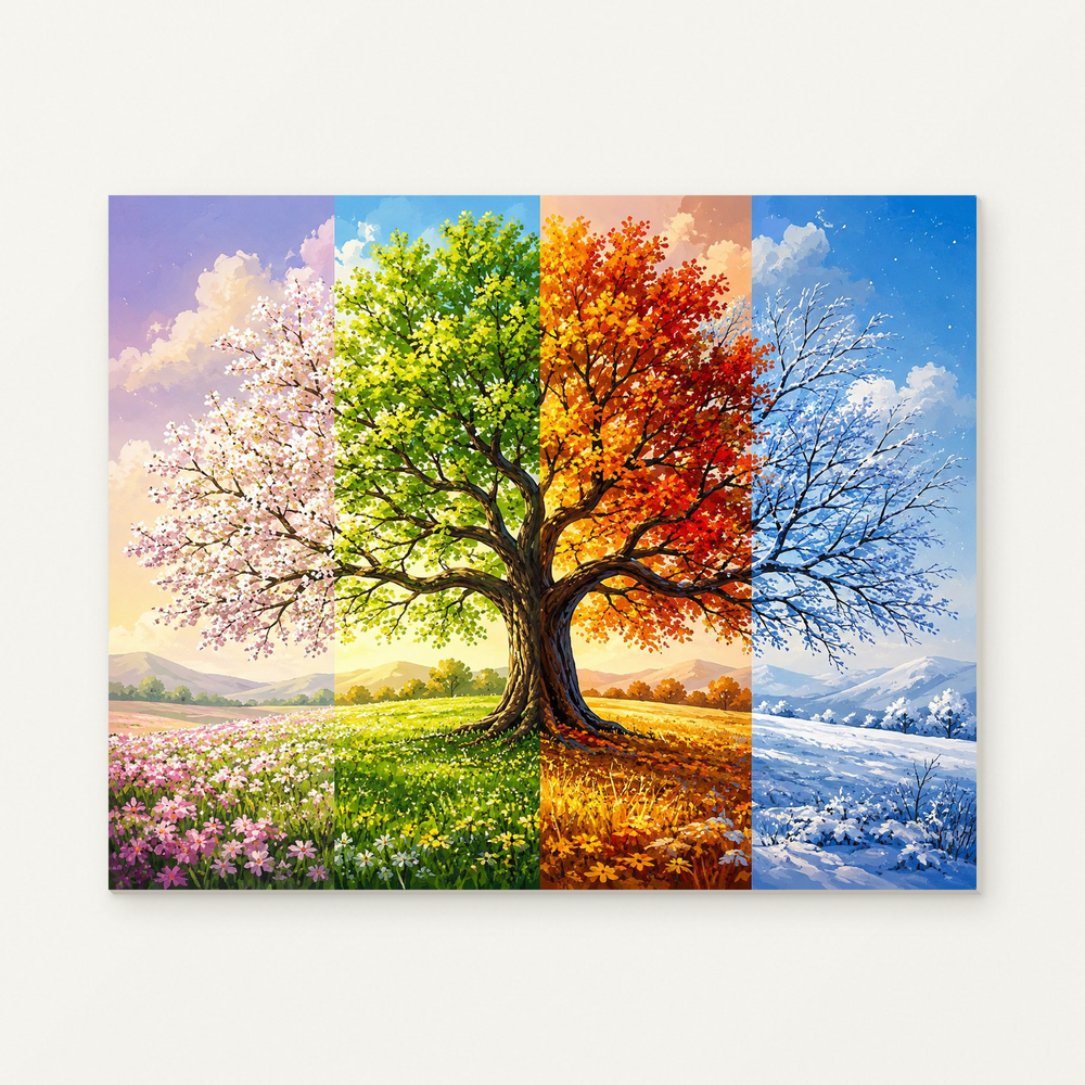 Four Seasons Tree Paint by Numbers Kit — original artwork displayed as a canvas on a warm off-white wall.