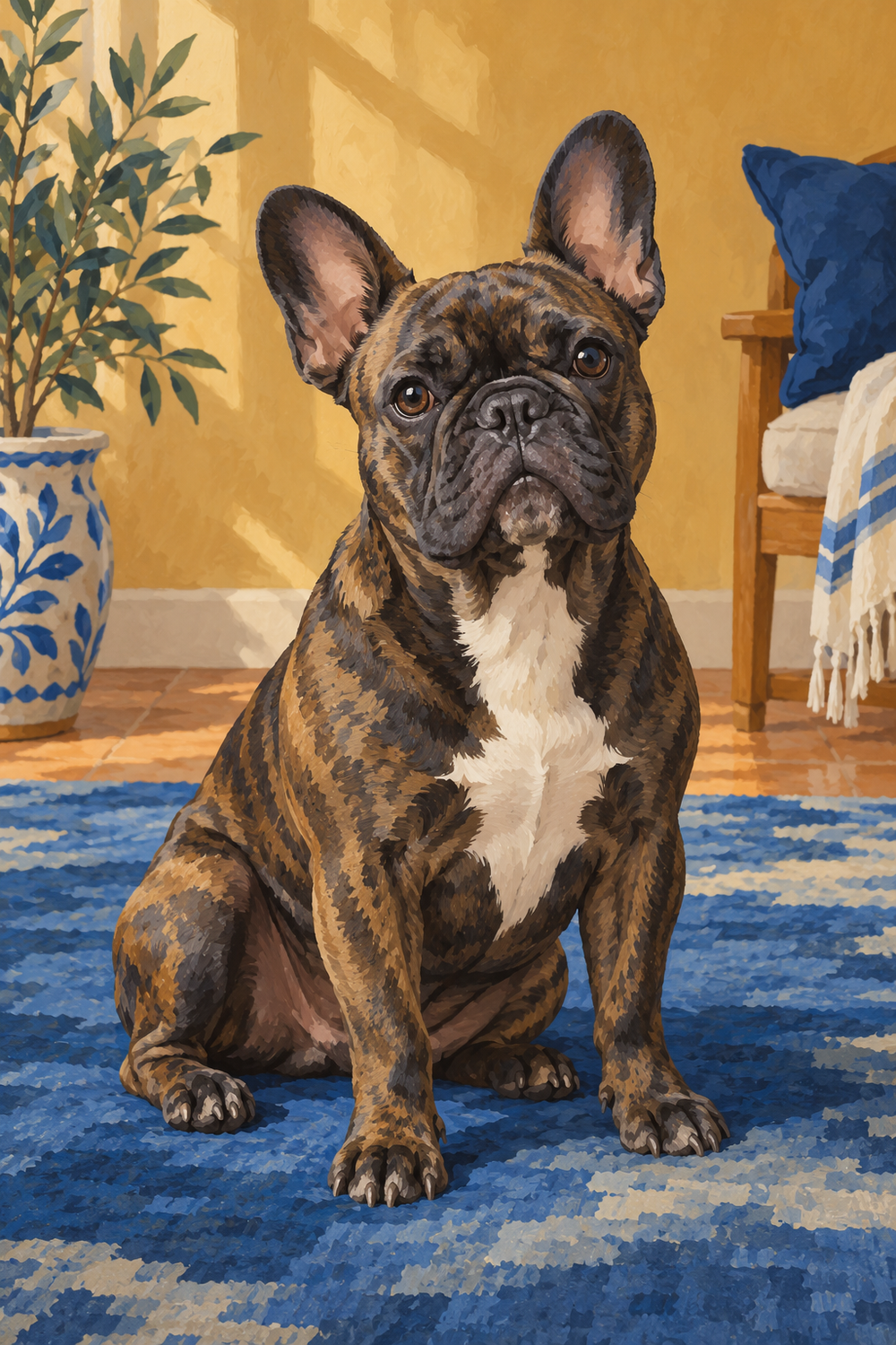 A brindle French bulldog sits on a blue rug against an ochre wall in soft daylight.