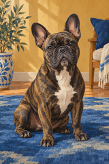 A brindle French bulldog sits on a blue rug against an ochre wall in soft daylight.