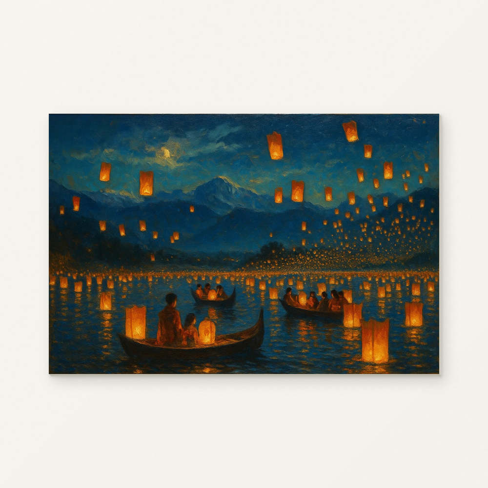 Vietnam Lantern Festival on the River Paint by Numbers Kit — original artwork displayed as a canvas on a warm off-white wall.