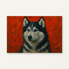 Husky in the Crimson Glow Paint by Numbers Kit — original artwork displayed as a canvas on a warm off-white wall.