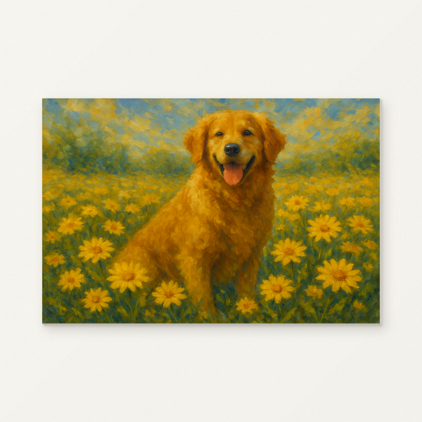 Golden Friend in the Daisies Paint by Numbers Kit — original artwork displayed as a canvas on a warm off-white wall.