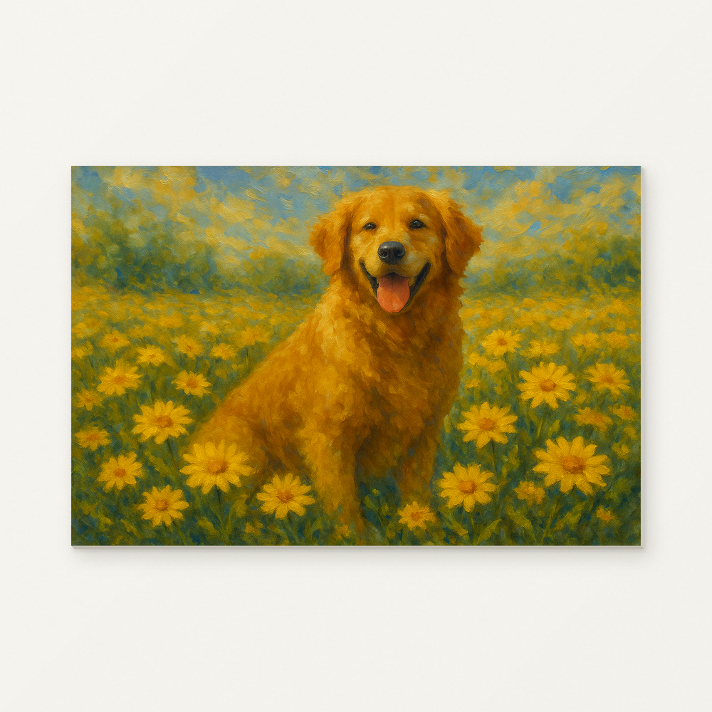 Golden Retriever in Daisies Paint by Numbers Kit — original artwork displayed as a canvas on a warm off-white wall.