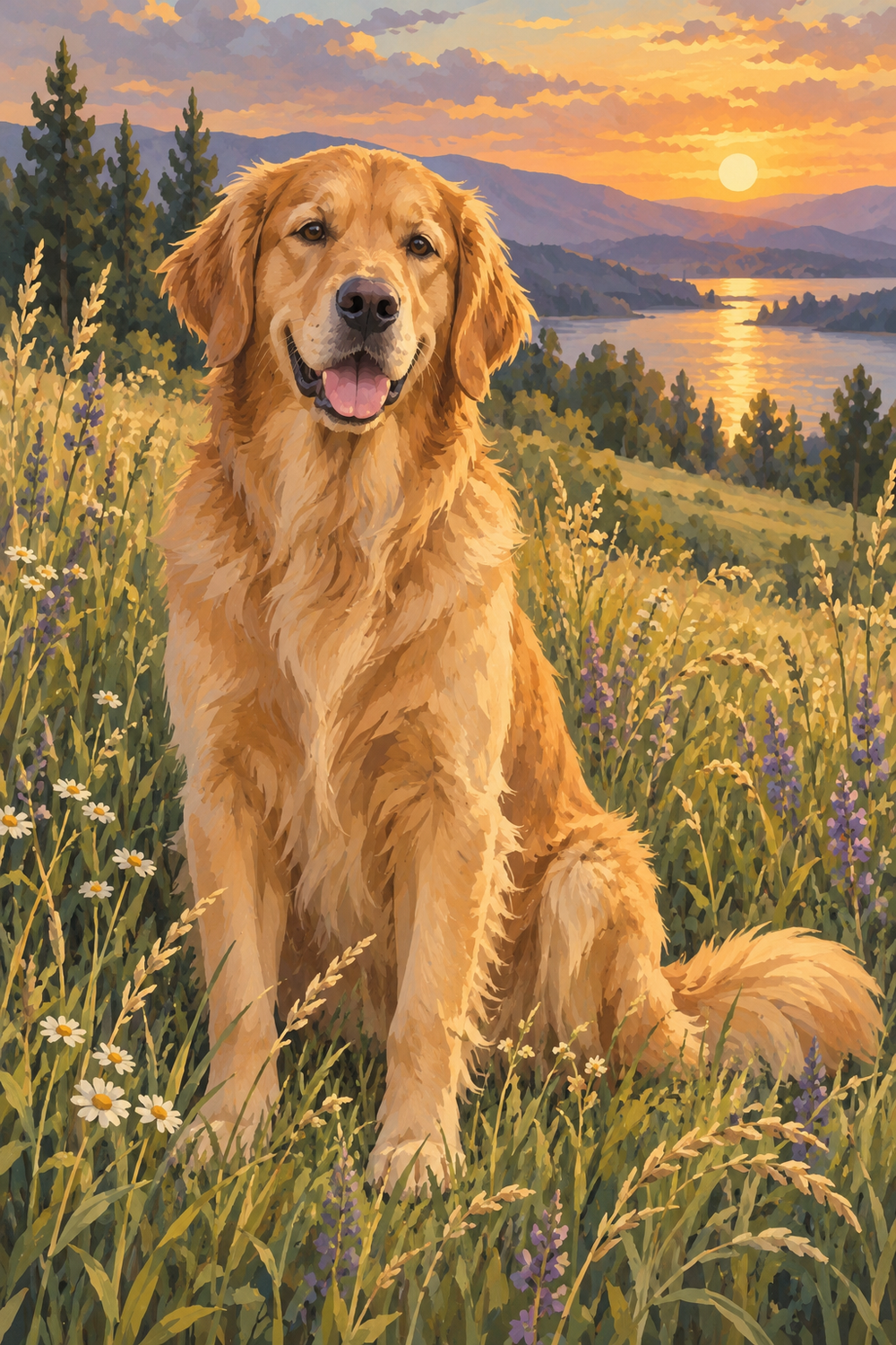 A golden retriever sits in tall meadow grass, surrounded by muted gold and sage in the late-afternoon sun.