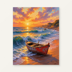 Red Boat at a Coastal Sunset Paint by Numbers Kit — original artwork displayed as a canvas on a warm off-white wall.