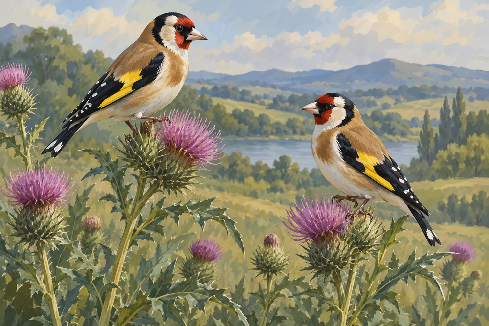 Two goldfinches perch on thistle stems, their red faces and yellow wing bars bright against mauve flowers and sage foliage.