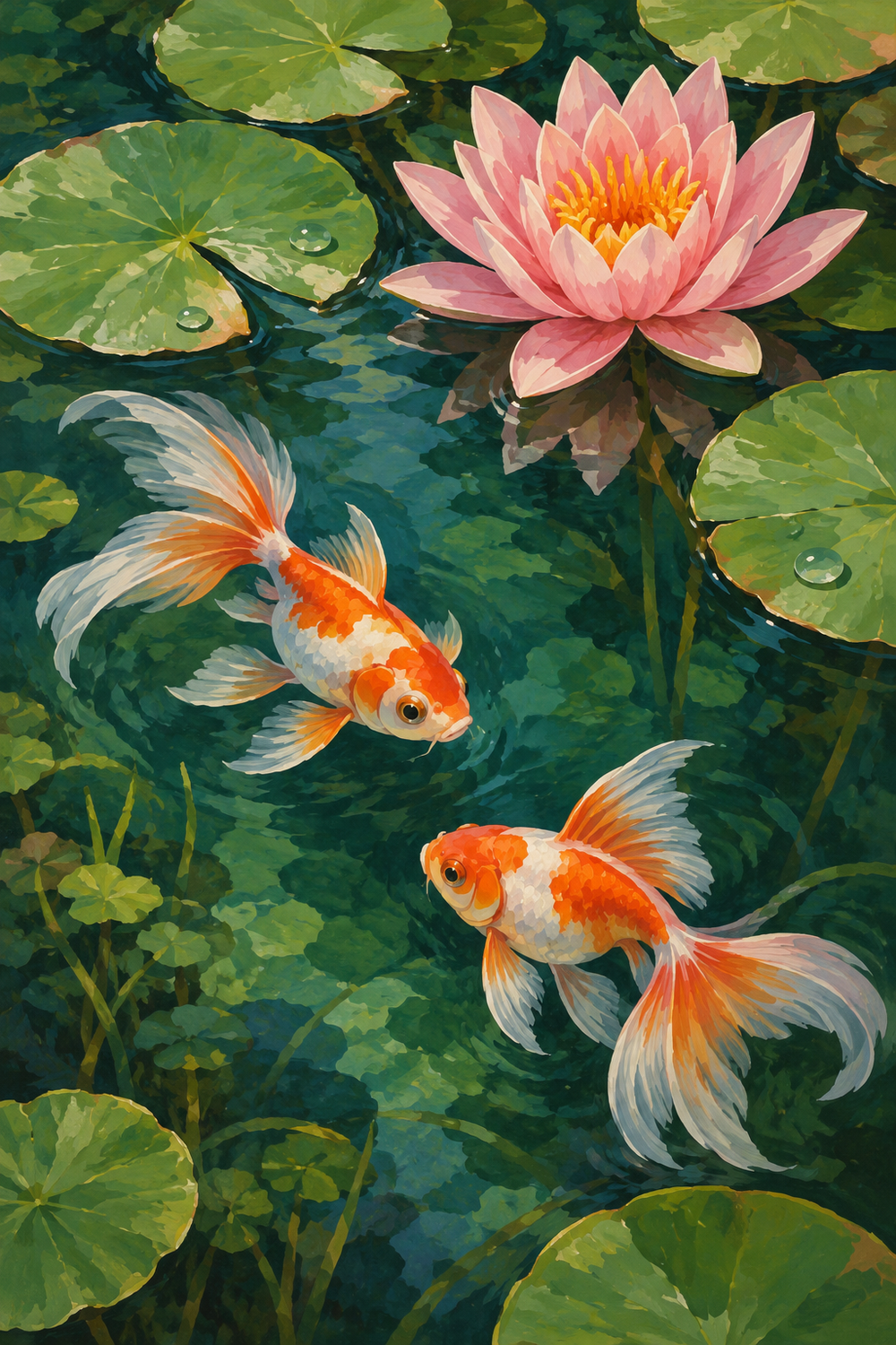 Two orange-and-white goldfish swim beneath a pink water lily and round green leaves in luminous jade water.
