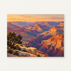Grand Canyon Golden Hour Paint by Numbers Kit — complete artwork displayed on a canvas against a warm off-white wall.