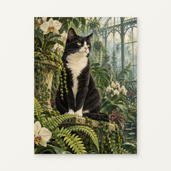 Longhaired Tabby Cat in a Greenhouse Paint by Numbers Kit — original artwork displayed as a canvas on a warm off-white wall.