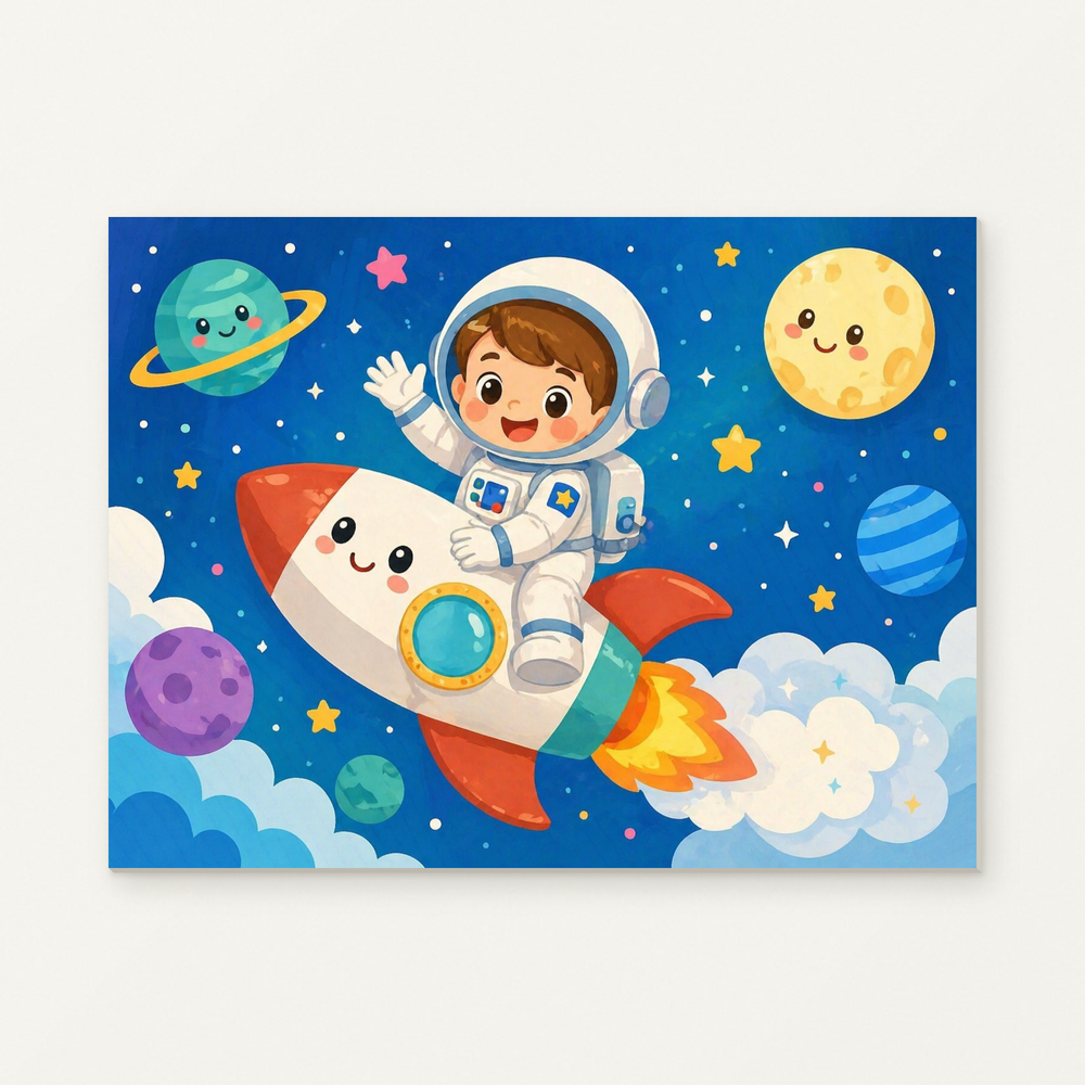 Cute Astronaut and Rocket Paint by Numbers Kit — original artwork displayed as a canvas on a warm off-white wall.