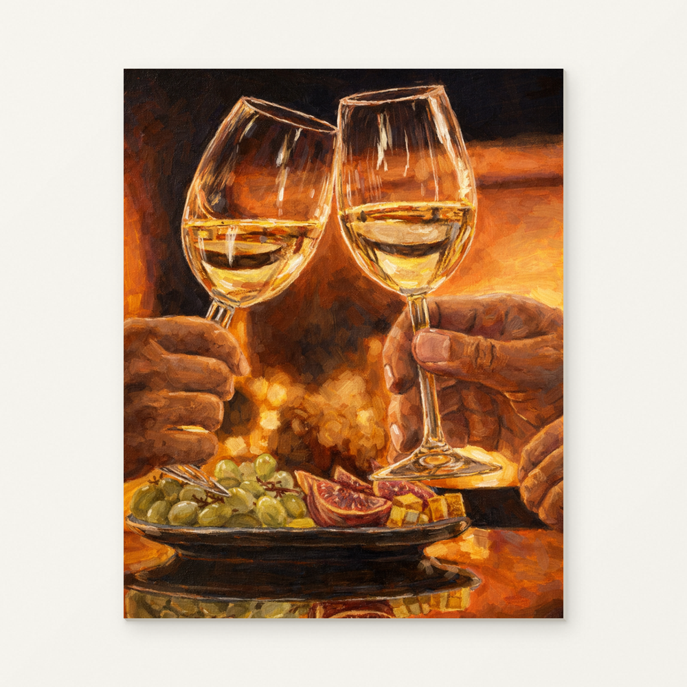 Romantic Toast in Golden Light Paint by Numbers Kit — original artwork displayed as a canvas on a warm off-white wall.