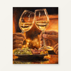 Romantic Toast in Golden Light Paint by Numbers Kit — original artwork displayed as a canvas on a warm off-white wall.