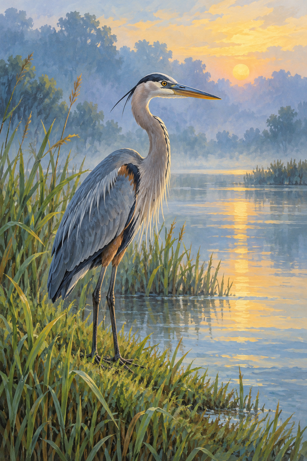 A great blue heron stands beside still water, framed by misty reeds and pale gold reflections.