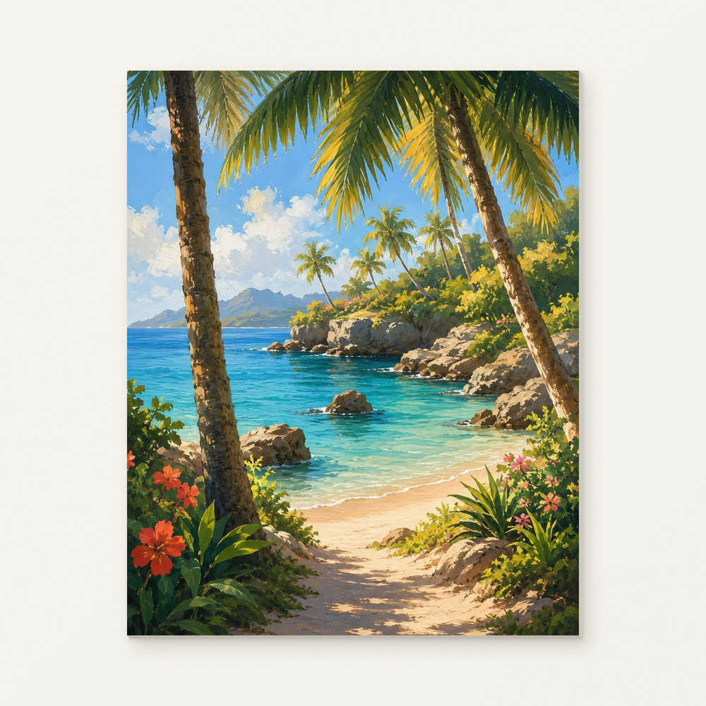 Tropical Beach with Palm Trees Paint by Numbers Kit — original artwork displayed as a canvas on a warm off-white wall.
