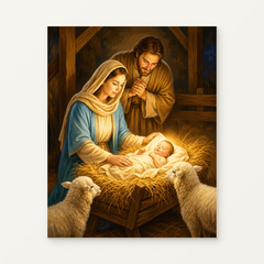 Nativity with Mary, Joseph and Baby Jesus Paint by Numbers Kit — original artwork displayed as a canvas on a warm off-white wall.