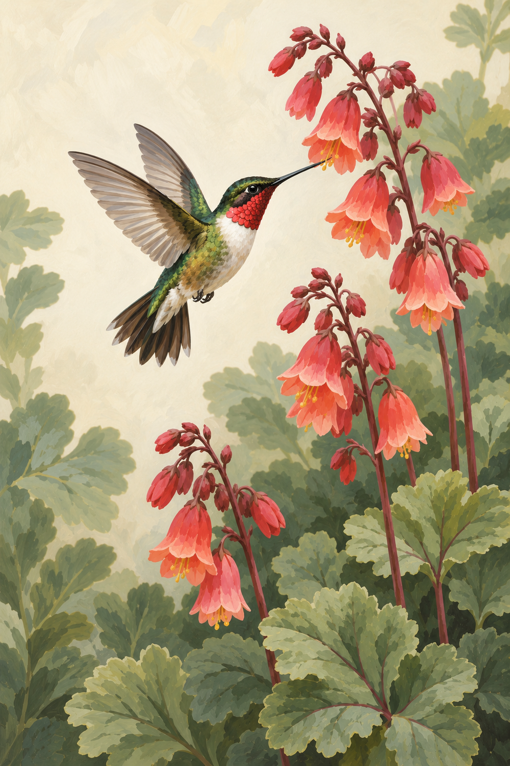 A ruby-throated hummingbird hovers beside coral-bell flowers and sage foliage against a soft cream backdrop.