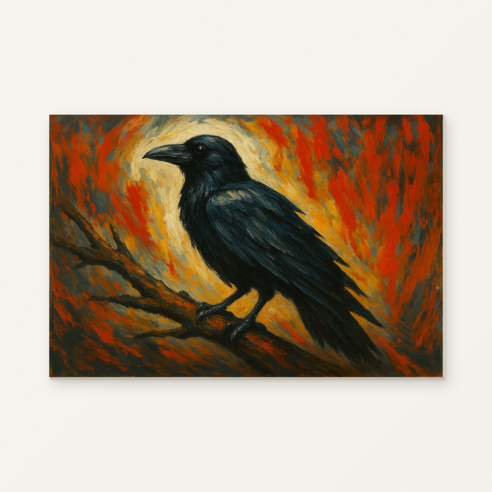 Raven in the Emberlight Paint by Numbers Kit — original artwork displayed as a canvas on a warm off-white wall.