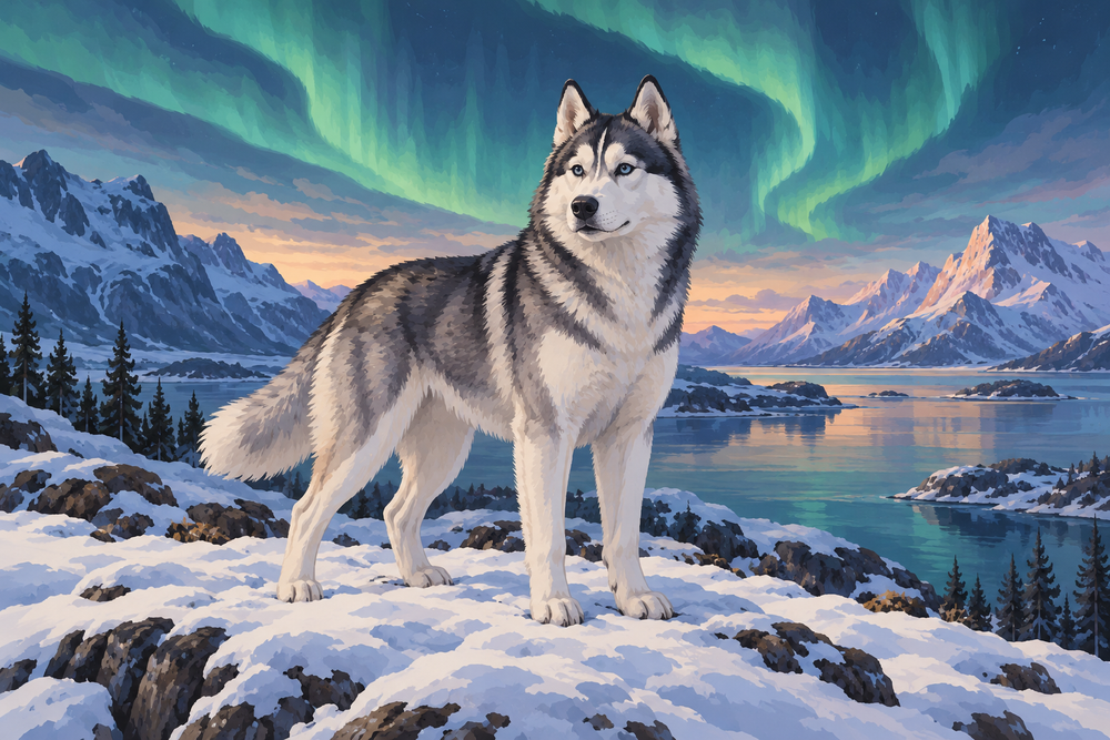 A grey-and-white husky stands on snowy ground beneath a soft teal aurora.