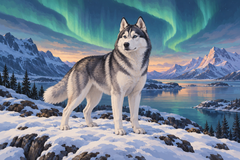 A grey-and-white husky stands on snowy ground beneath a soft teal aurora.