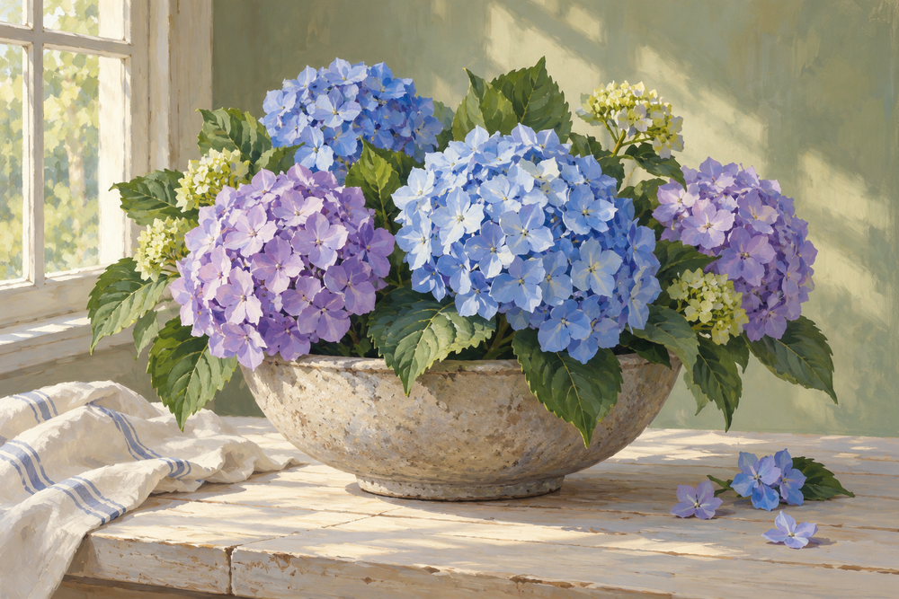 A low wide stone bowl holding blue and lavender hydrangea flower clusters on a pale wooden table, broad grouped petals, quiet green background and soft window light.