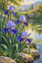Blue-violet irises grow beside a reflective pond and stone bank in warm morning light.