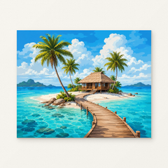 Tropical Island Bungalow Paint by Numbers Kit — original artwork displayed as a canvas on a warm off-white wall.
