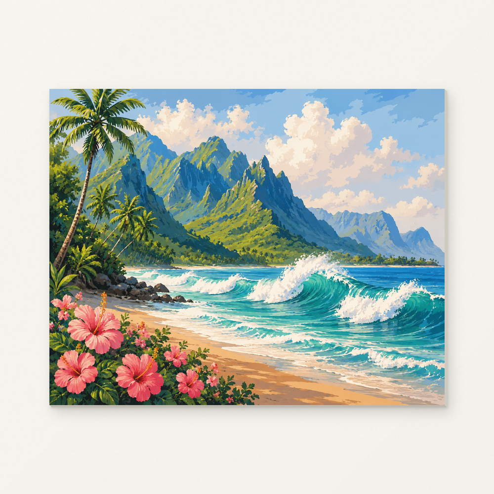 Tropical Coast with Hibiscus Flowers Paint by Numbers Kit — original artwork displayed as a canvas on a warm off-white wall.
