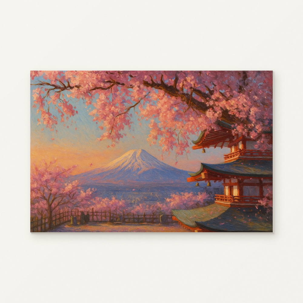 Japan Sakura over Fuji Paint by Numbers Kit — original artwork displayed as a canvas on a warm off-white wall.