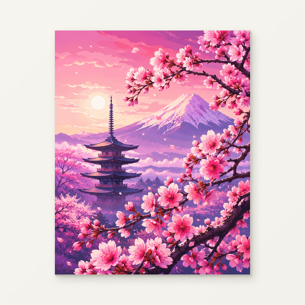 Japan Sakura Paint by Numbers Kit — original artwork displayed as a canvas on a warm off-white wall.