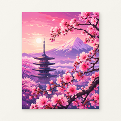 Japan Sakura Paint by Numbers Kit — original artwork displayed as a canvas on a warm off-white wall.