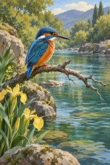 A blue-and-rust kingfisher rests on a curved branch above quiet jade water.